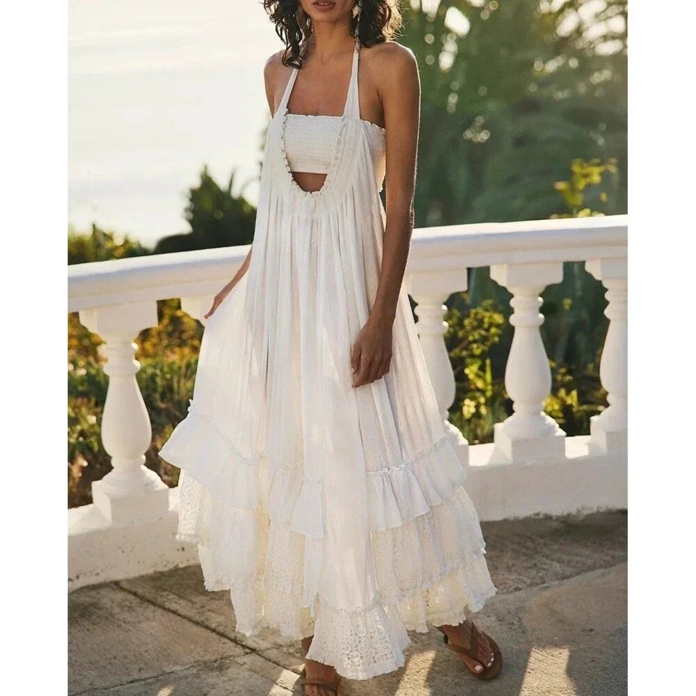 Free People Free-Est Kauri Maxi Dress Gauzey Smocked Halter Tiered Lace M 288428